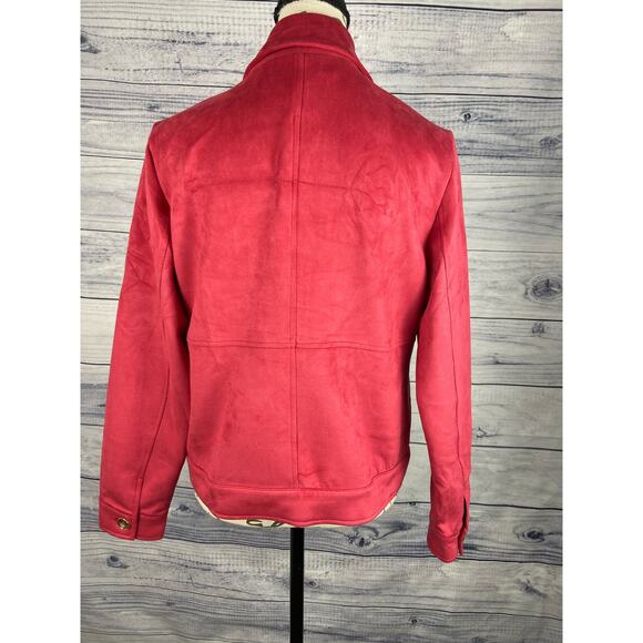 Chicos 0 Faux Suede Jacket Womens S Long Sleeve Collared Front Pockets Magenta - Picture 3 of 12
